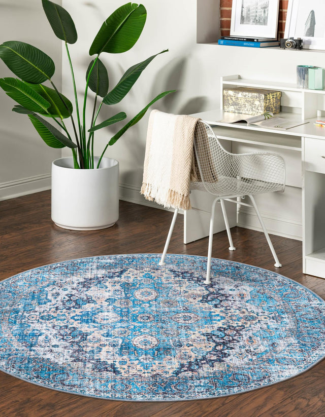 Washable Blue 7' 3 x 7' 3 Mangata Washable Round Area Rug Easy to Clean Stain Resistant & Durable Chenille Traditional Vintage Distressed Carpet for Sale at Rug Engine