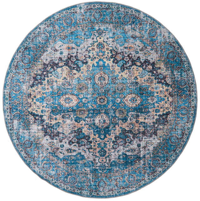 Washable Blue 7' 3 x 7' 3 Mangata Washable Round Area Rug Easy to Clean Stain Resistant & Durable Chenille Traditional Vintage Distressed Carpet for Sale at Rug Engine