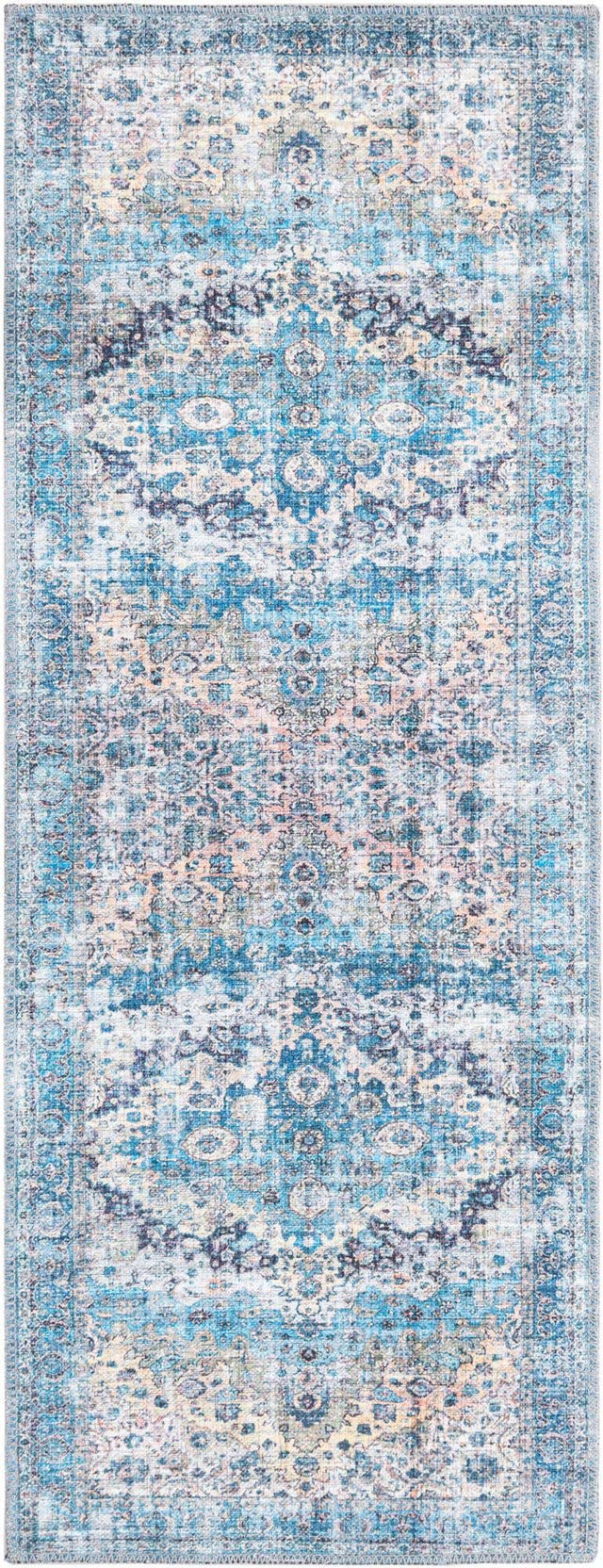 Washable Blue 2' x 5' Mangata Runner Area Rug Easy to Clean Stain Resistant & Durable Chenille Traditional Vintage Distressed Carpet for Sale at Rug Engine
