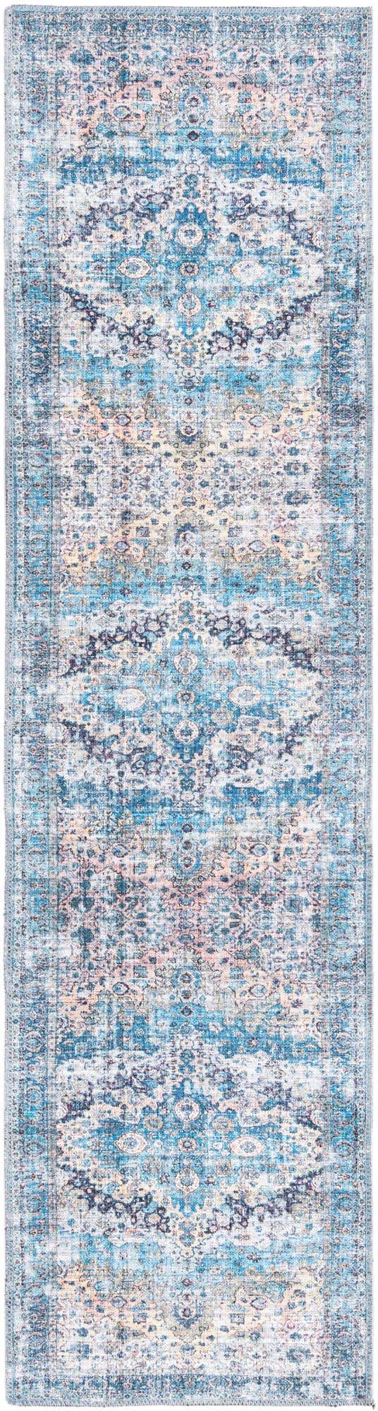 Washable Blue 2' x 7' 10 Mangata Runner Area Rug Easy to Clean Stain Resistant & Durable Chenille Traditional Vintage Distressed Carpet for Sale at Rug Engine