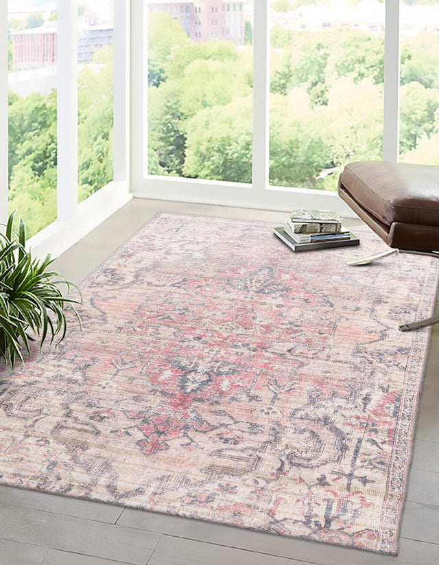 Washable Beige pink 7' 3 x 10' Nostalgia Rectangle Area Rug Easy to Clean Stain Resistant & Durable Polyester Chenille Vintage Distressed Carpet for Sale at Rug Engine