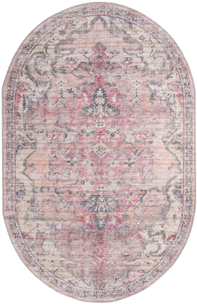 Washable Beige pink 5' 3 x 8' Nostalgia Oval Area Rug Easy to Clean Stain Resistant & Durable Polyester Chenille Vintage Distressed Carpet for Sale at Rug Engine