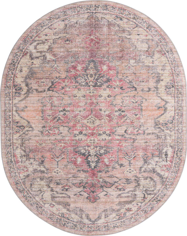 Washable Beige pink 7' 10 x 10' Nostalgia Oval Area Rug Easy to Clean Stain Resistant & Durable Polyester Chenille Vintage Distressed Carpet for Sale at Rug Engine