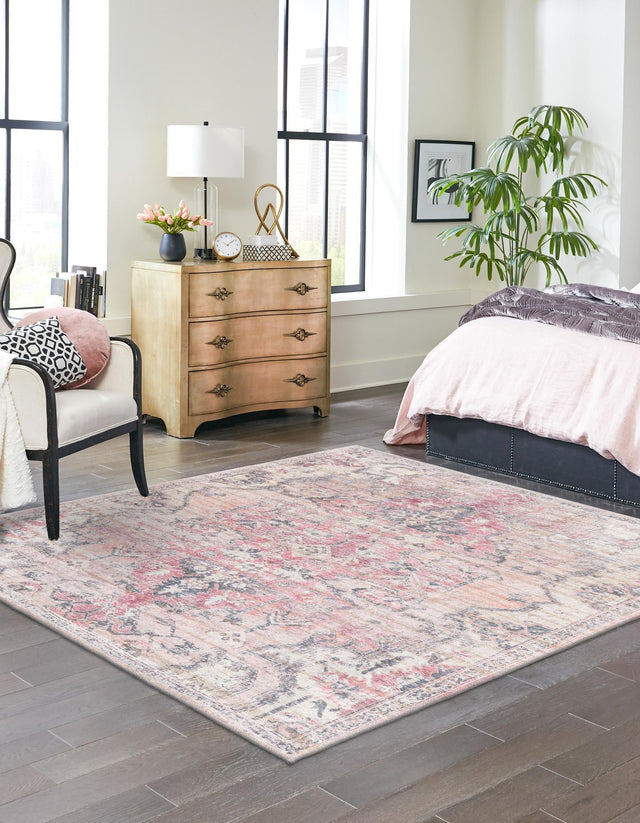 Washable Beige pink 4' 1 x 4' 1 Nostalgia Square Area Rug Easy to Clean Stain Resistant & Durable Polyester Chenille Vintage Distressed Carpet for Sale at Rug Engine