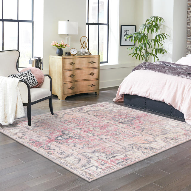 Washable Beige pink 7' 10 x 7' 10 Nostalgia Square Area Rug Easy to Clean Stain Resistant & Durable Polyester Chenille Vintage Distressed Carpet for Sale at Rug Engine