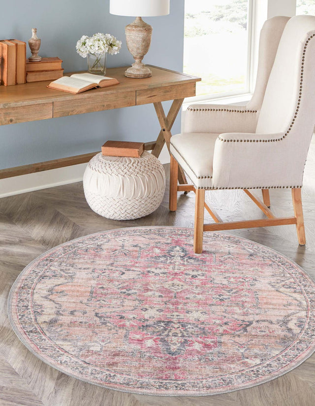 Washable Beige pink 7' 10 x 7' 10 Nostalgia Round Area Rug Easy to Clean Stain Resistant & Durable Polyester Chenille Vintage Distressed Carpet for Sale at Rug Engine