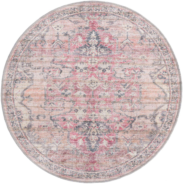 Washable Beige pink 4' 1 x 4' 1 Nostalgia Round Area Rug Easy to Clean Stain Resistant & Durable Polyester Chenille Vintage Distressed Carpet for Sale at Rug Engine