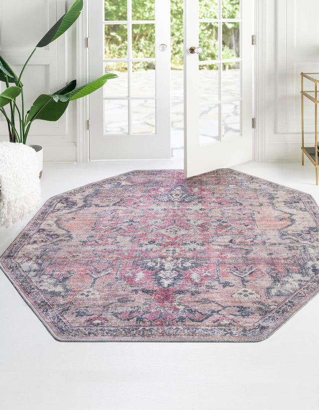 Washable Beige pink 5' 3 x 5' 3 Nostalgia Octagon Area Rug Easy to Clean Stain Resistant & Durable Polyester Chenille Vintage Distressed Carpet for Sale at Rug Engine
