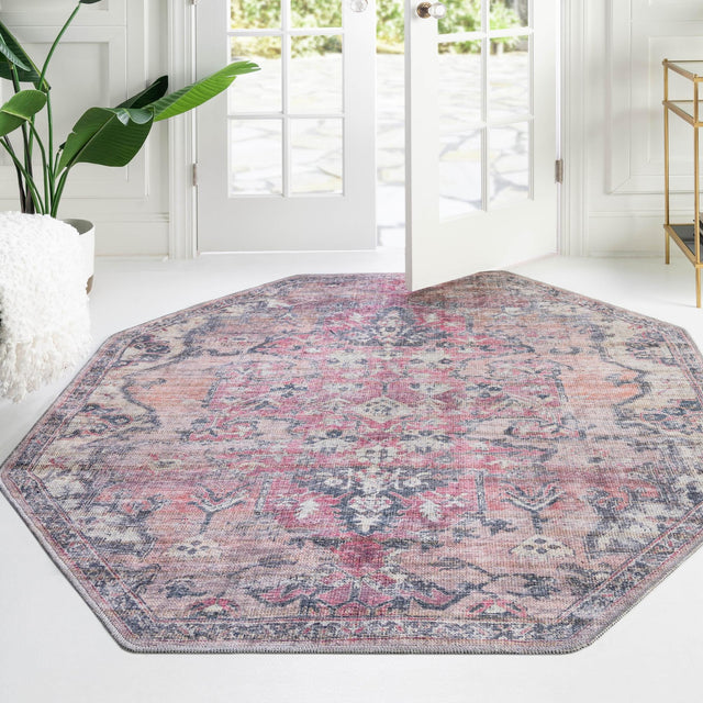Washable Beige pink 7' 10 x 7' 10 Nostalgia Octagon Area Rug Easy to Clean Stain Resistant & Durable Polyester Chenille Vintage Distressed Carpet for Sale at Rug Engine