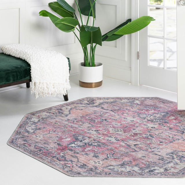 Washable Beige pink 7' 10 x 7' 10 Nostalgia Octagon Area Rug Easy to Clean Stain Resistant & Durable Polyester Chenille Vintage Distressed Carpet for Sale at Rug Engine
