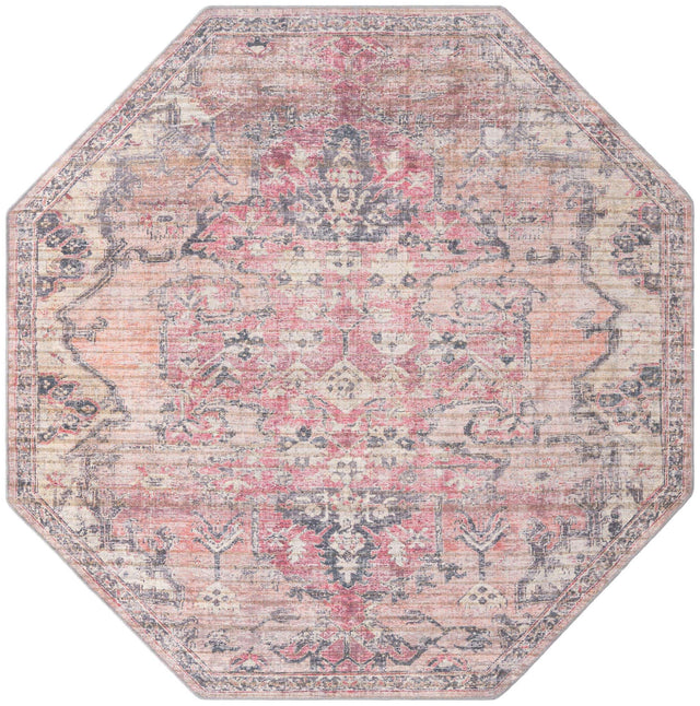 Washable Beige pink 7' 10 x 7' 10 Nostalgia Octagon Area Rug Easy to Clean Stain Resistant & Durable Polyester Chenille Vintage Distressed Carpet for Sale at Rug Engine