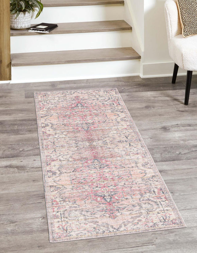 Washable Beige pink 2' 7 x 14' 1 Nostalgia Runner Area Rug Easy to Clean Stain Resistant & Durable Polyester Chenille Vintage Distressed Carpet for Sale at Rug Engine