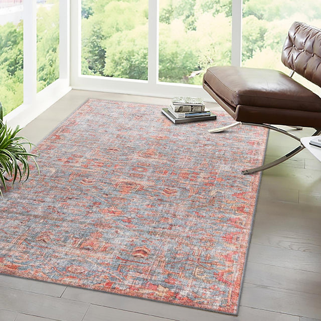Washable Antique Blue 7' 3 x 10' Nostalgia Washable Rectangle Area Rug Easy to Clean Stain Resistant & Durable Polyester Chenille Vintage Distressed Carpet for Sale at Rug Engine