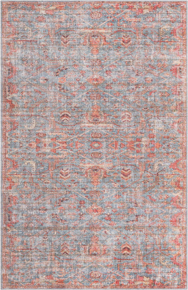 Washable Antique Blue 5' 3 x 8' Nostalgia Washable Rectangle Area Rug Easy to Clean Stain Resistant & Durable Polyester Chenille Vintage Distressed Carpet for Sale at Rug Engine