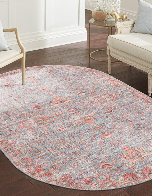 Washable Antique Blue 3' 11 x 6' Nostalgia Oval Area Rug Easy to Clean Stain Resistant & Durable Polyester Chenille Vintage Distressed Carpet for Sale at Rug Engine