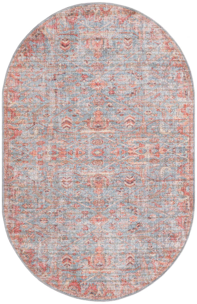 Washable Antique Blue 5' 3 x 8' Nostalgia Oval Area Rug Easy to Clean Stain Resistant & Durable Polyester Chenille Vintage Distressed Carpet for Sale at Rug Engine