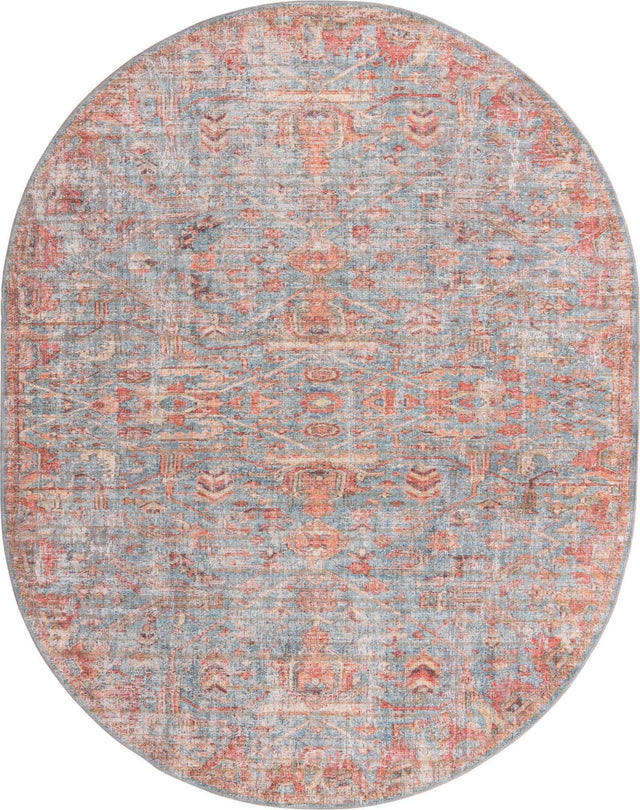 Washable Antique Blue 7' 10 x 10' Nostalgia Oval Area Rug Easy to Clean Stain Resistant & Durable Polyester Chenille Vintage Distressed Carpet for Sale at Rug Engine