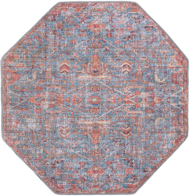 Washable Antique Blue 5' 3 x 5' 3 Nostalgia Octagon Area Rug Easy to Clean Stain Resistant & Durable Polyester Chenille Vintage Distressed Carpet for Sale at Rug Engine