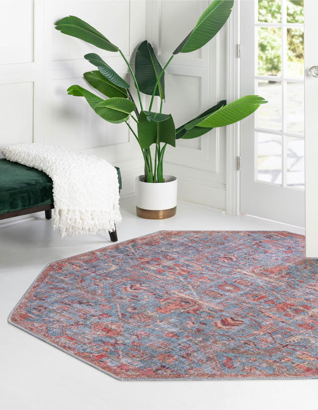 Washable Antique Blue 7' 10 x 7' 10 Nostalgia Octagon Area Rug Easy to Clean Stain Resistant & Durable Polyester Chenille Vintage Distressed Carpet for Sale at Rug Engine