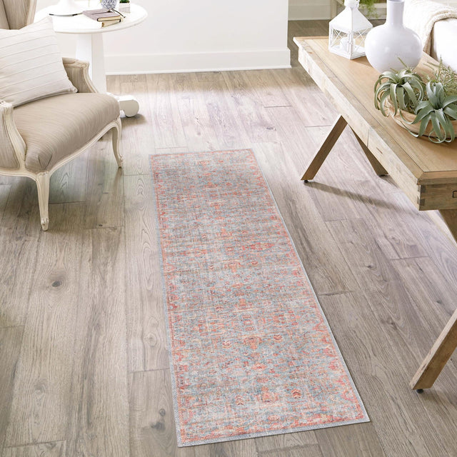Washable Antique Blue 2' x 5' Nostalgia Runner Area Rug Easy to Clean Stain Resistant & Durable Polyester Chenille Vintage Distressed Carpet for Sale at Rug Engine