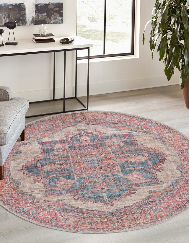 Washable Antique Beige 3' 11 x 3' 11 Nostalgia Round Area Rug Easy to Clean Stain Resistant & Durable Polyester Chenille Vintage Distressed Carpet for Sale at Rug Engine