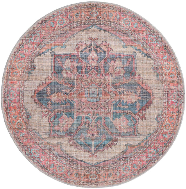 Washable Antique Beige 3' 11 x 3' 11 Nostalgia Round Area Rug Easy to Clean Stain Resistant & Durable Polyester Chenille Vintage Distressed Carpet for Sale at Rug Engine
