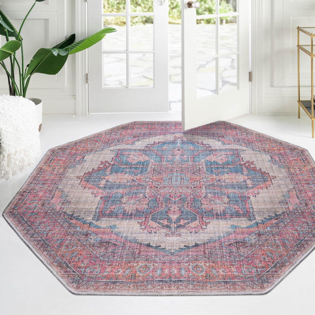 Washable Antique Beige 7' 10 x 7' 10 Nostalgia Octagon Area Rug Easy to Clean Stain Resistant & Durable Polyester Chenille Vintage Distressed Carpet for Sale at Rug Engine