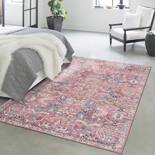 Washable Pink 5' 3 x 8' Nostalgia Rectangle Area Rug Easy to Clean Stain Resistant & Durable Polyester Chenille Vintage Distressed Carpet for Sale at Rug Engine