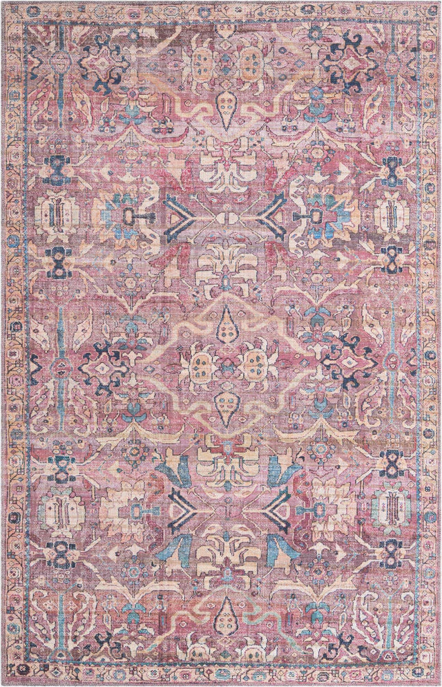 Washable Pink 5' 3 x 8' Nostalgia Rectangle Area Rug Easy to Clean Stain Resistant & Durable Polyester Chenille Vintage Distressed Carpet for Sale at Rug Engine