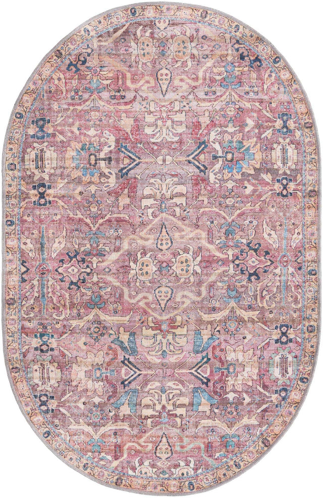 Washable Pink 4' 1 x 6' 1 Nostalgia Oval Area Rug Easy to Clean Stain Resistant & Durable Polyester Chenille Vintage Distressed Carpet for Sale at Rug Engine