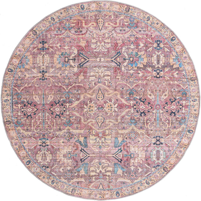 Washable Pink 7' 10 x 7' 10 Nostalgia Round Area Rug Easy to Clean Stain Resistant & Durable Polyester Chenille Vintage Distressed Carpet for Sale at Rug Engine