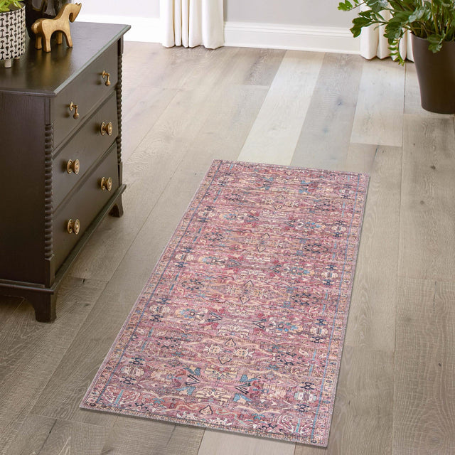 Washable Pink 2' 7 x 14' 1 Nostalgia Runner Area Rug Easy to Clean Stain Resistant & Durable Polyester Chenille Vintage Distressed Carpet for Sale at Rug Engine