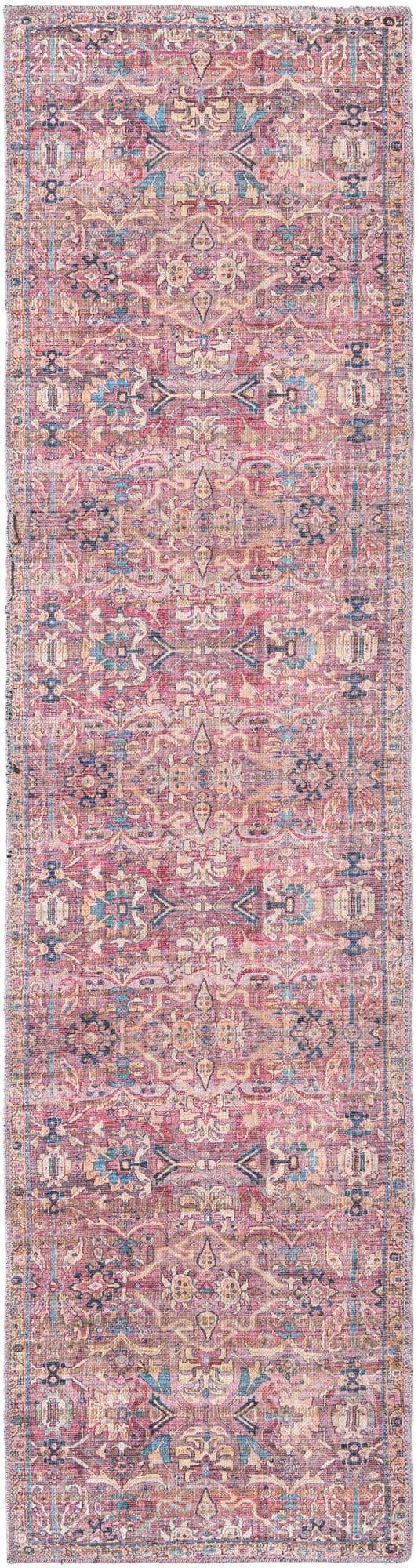 Washable Pink 2' x 8' Nostalgia Runner Area Rug Easy to Clean Stain Resistant & Durable Polyester Chenille Vintage Distressed Carpet for Sale at Rug Engine