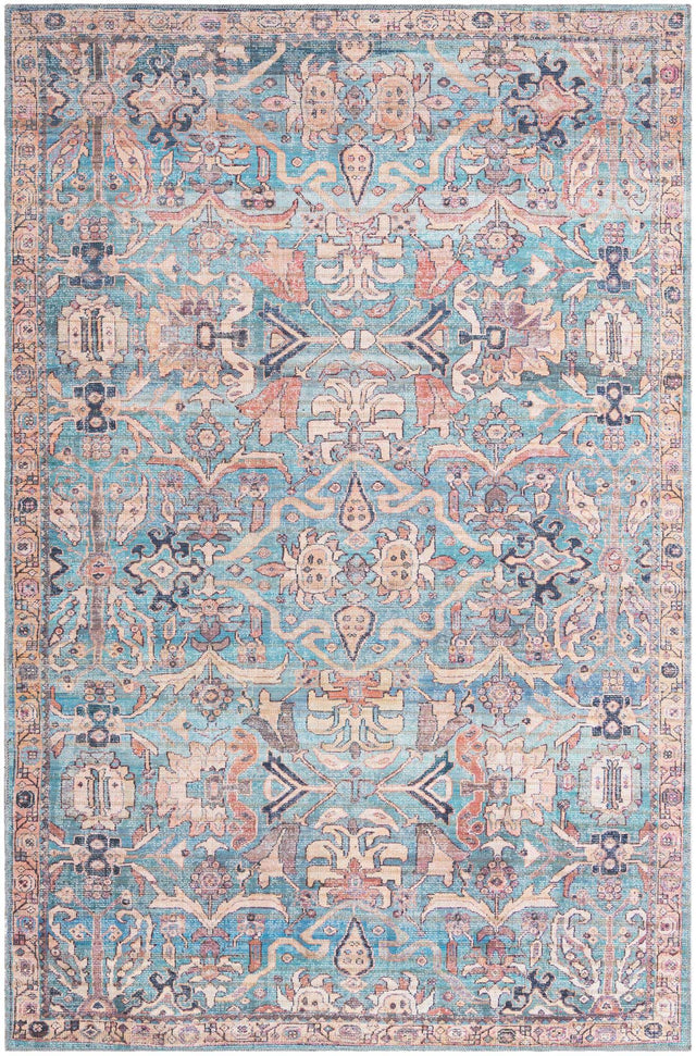 Washable Blue 6' 1 x 9' Nostalgia Rectangle Area Rug Easy to Clean Stain Resistant & Durable Polyester Chenille Vintage Distressed Carpet for Sale at Rug Engine