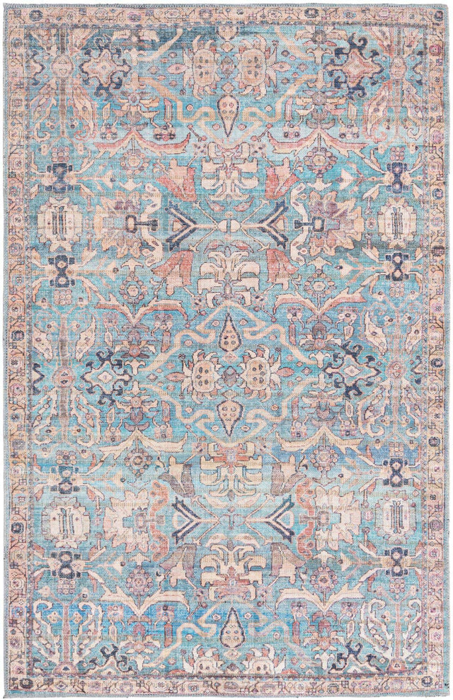 Washable Blue 4' 1 x 6' 1 Nostalgia Rectangle Area Rug Easy to Clean Stain Resistant & Durable Polyester Chenille Vintage Distressed Carpet for Sale at Rug Engine