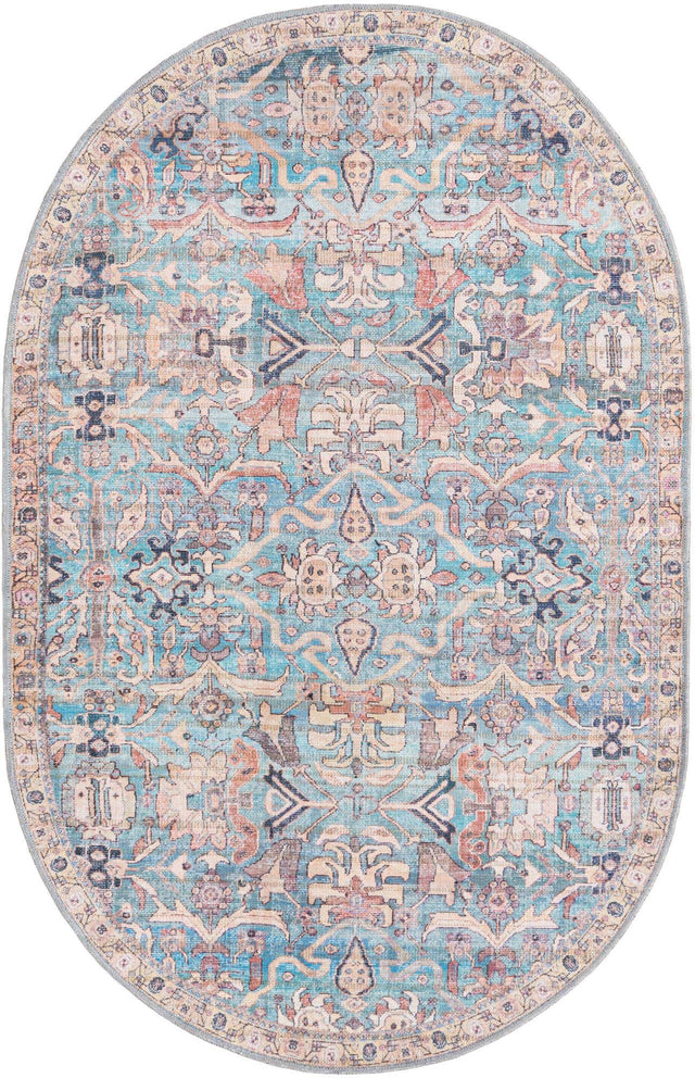 Washable Blue 4' 1 x 6' 1 Nostalgia Oval Area Rug Easy to Clean Stain Resistant & Durable Polyester Chenille Vintage Distressed Carpet for Sale at Rug Engine
