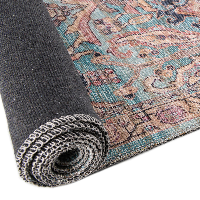 Washable Blue 4' 1 x 6' 1 Nostalgia Oval Area Rug Easy to Clean Stain Resistant & Durable Polyester Chenille Vintage Distressed Carpet for Sale at Rug Engine
