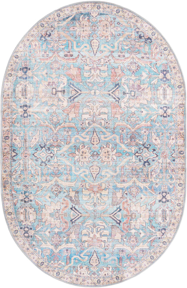 Washable Blue 5' 3 x 8' Nostalgia Oval Area Rug Easy to Clean Stain Resistant & Durable Polyester Chenille Vintage Distressed Carpet for Sale at Rug Engine