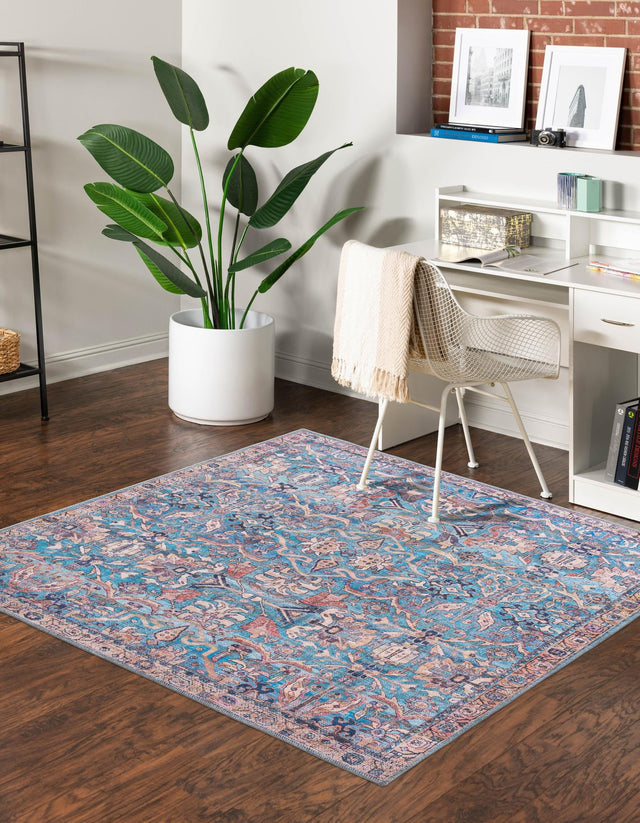 Washable Blue 7' 10 x 7' 10 Nostalgia Square Area Rug Easy to Clean Stain Resistant & Durable Polyester Chenille Vintage Distressed Carpet for Sale at Rug Engine