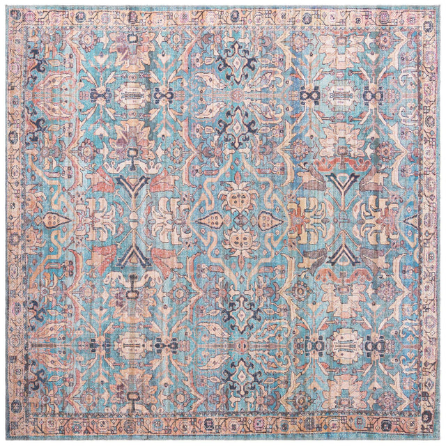 Washable Blue 7' 3 x 7' 3 Nostalgia Square Area Rug Easy to Clean Stain Resistant & Durable Polyester Chenille Vintage Distressed Carpet for Sale at Rug Engine