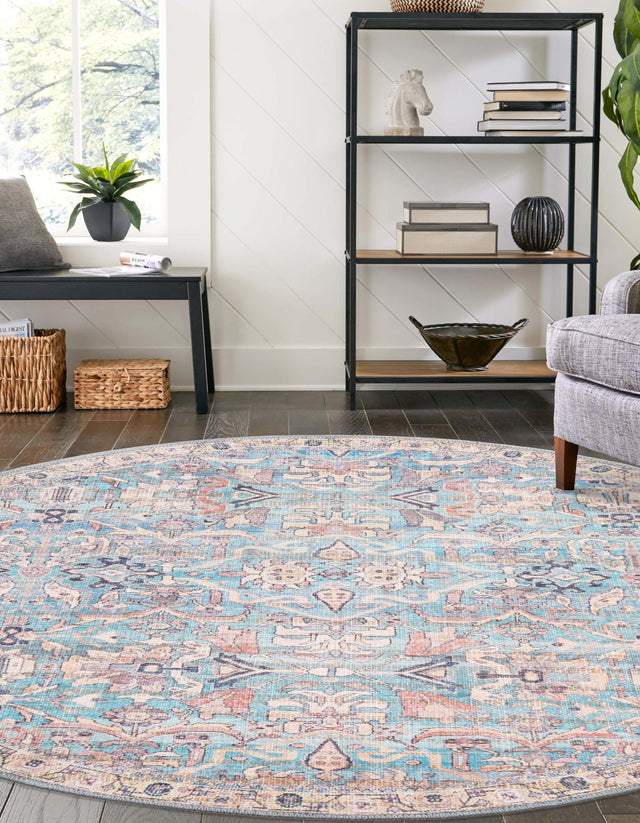 Washable Blue 7' 10 x 7' 10 Nostalgia Round Area Rug Easy to Clean Stain Resistant & Durable Polyester Chenille Vintage Distressed Carpet for Sale at Rug Engine