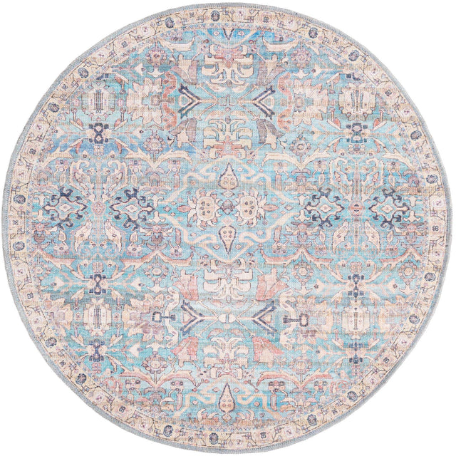 Washable Blue 4' 1 x 4' 1 Nostalgia Round Area Rug Easy to Clean Stain Resistant & Durable Polyester Chenille Vintage Distressed Carpet for Sale at Rug Engine