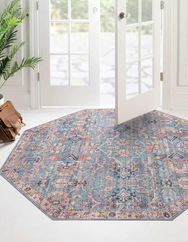 Washable Blue 5' 3 x 5' 3 Nostalgia Octagon Area Rug Easy to Clean Stain Resistant & Durable Polyester Chenille Vintage Distressed Carpet for Sale at Rug Engine