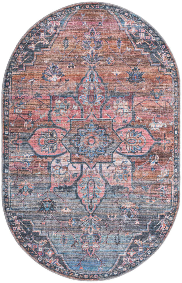 Washable Multicolor 5' 3 x 8' Nostalgia Oval Area Rug Easy to Clean Stain Resistant & Durable Polyester Chenille Vintage Distressed Carpet for Sale at Rug Engine