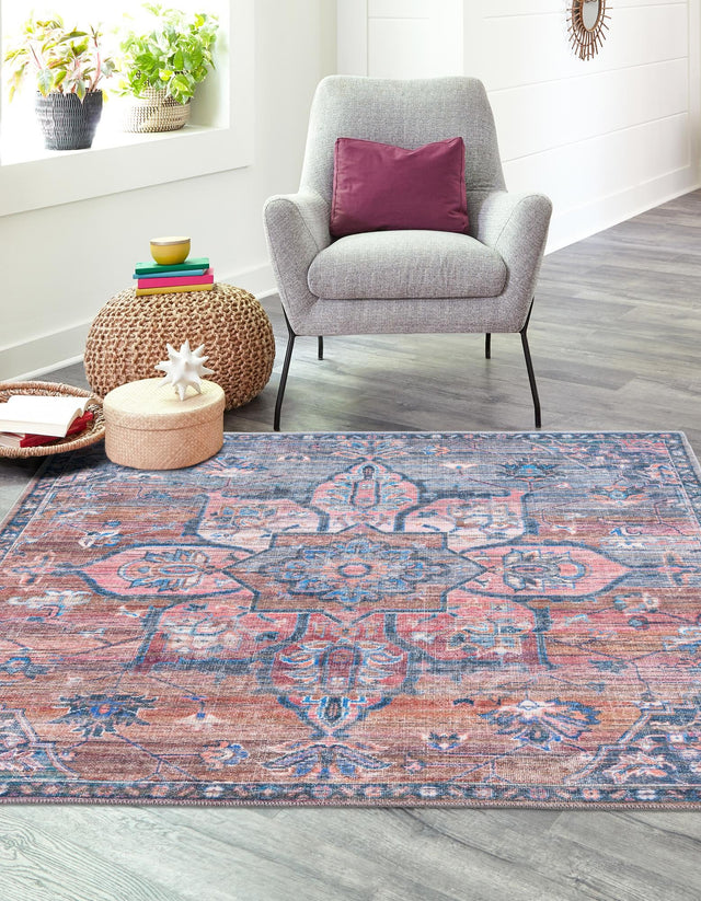 Washable Multicolor 7' 10 x 7' 10 Nostalgia Square Area Rug Easy to Clean Stain Resistant & Durable Polyester Chenille Vintage Distressed Carpet for Sale at Rug Engine