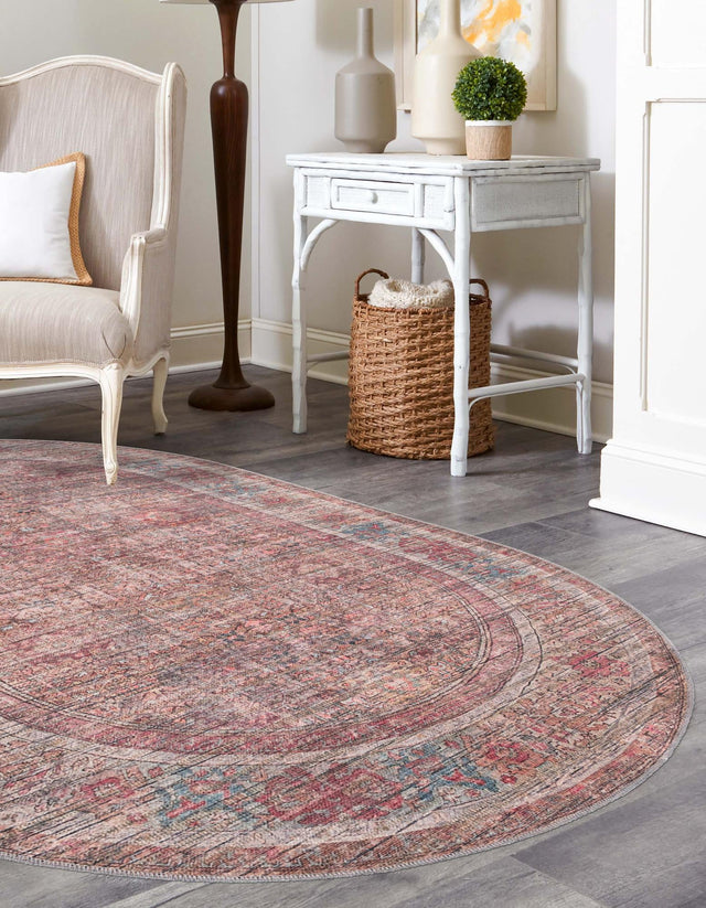 Washable Rust Red and Brown 4' 1 x 6' 1 Nostalgia Oval Area Rug Easy to Clean Stain Resistant & Durable Polyester Chenille Vintage Distressed Carpet for Sale at Rug Engine