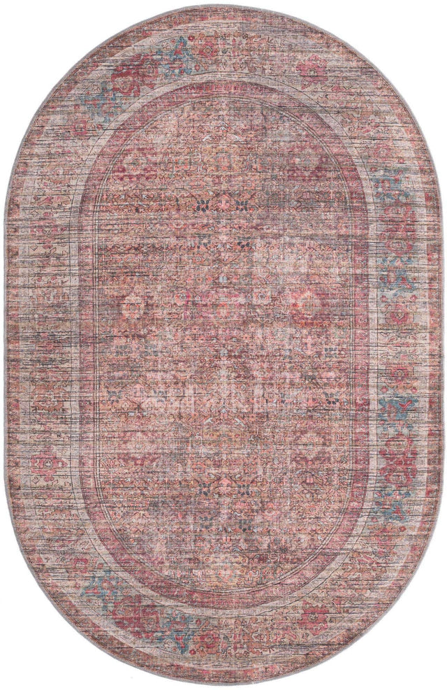 Washable Rust Red and Brown 5' 3 x 8' Nostalgia Oval Area Rug Easy to Clean Stain Resistant & Durable Polyester Chenille Vintage Distressed Carpet for Sale at Rug Engine