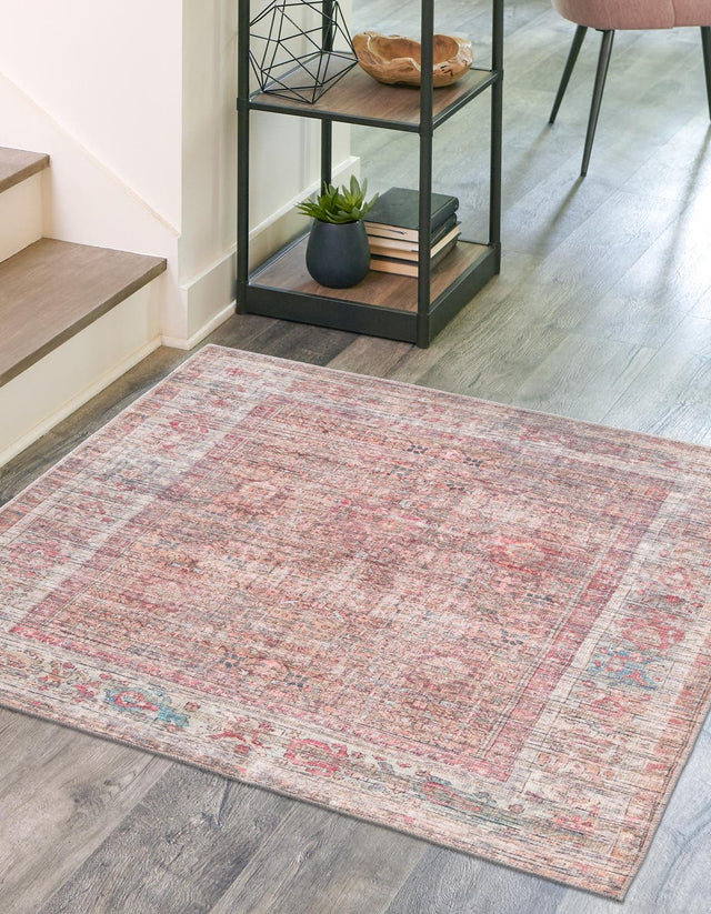 Washable Rust Red and Brown 5' 3 x 5' 3 Nostalgia Square Area Rug Easy to Clean Stain Resistant & Durable Polyester Chenille Vintage Distressed Carpet for Sale at Rug Engine