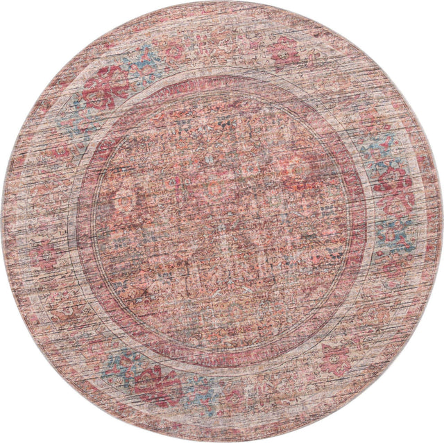 Washable Rust Red and Brown 7' 10 x 7' 10 Nostalgia Round Area Rug Easy to Clean Stain Resistant & Durable Polyester Chenille Vintage Distressed Carpet for Sale at Rug Engine