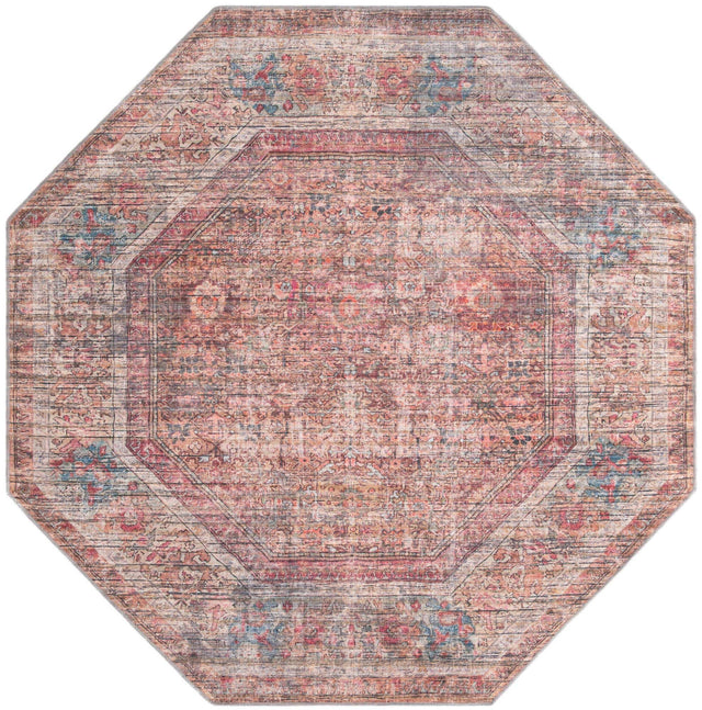 Washable Rust Red and Brown 7' 10 x 7' 10 Nostalgia Octagon Area Rug Easy to Clean Stain Resistant & Durable Polyester Chenille Vintage Distressed Carpet for Sale at Rug Engine